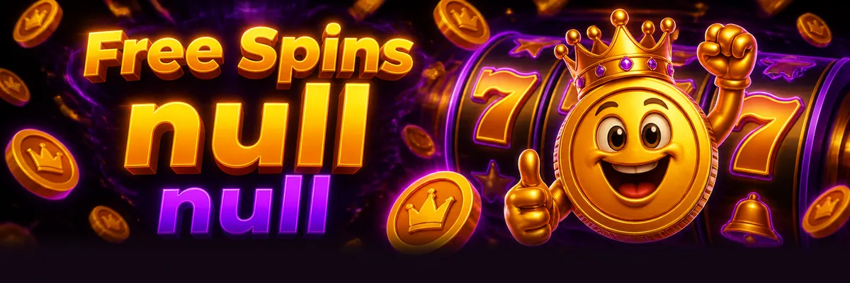 Crowned spinning coin mascot surrounded by stylised slot reels and scattered spin tokens.